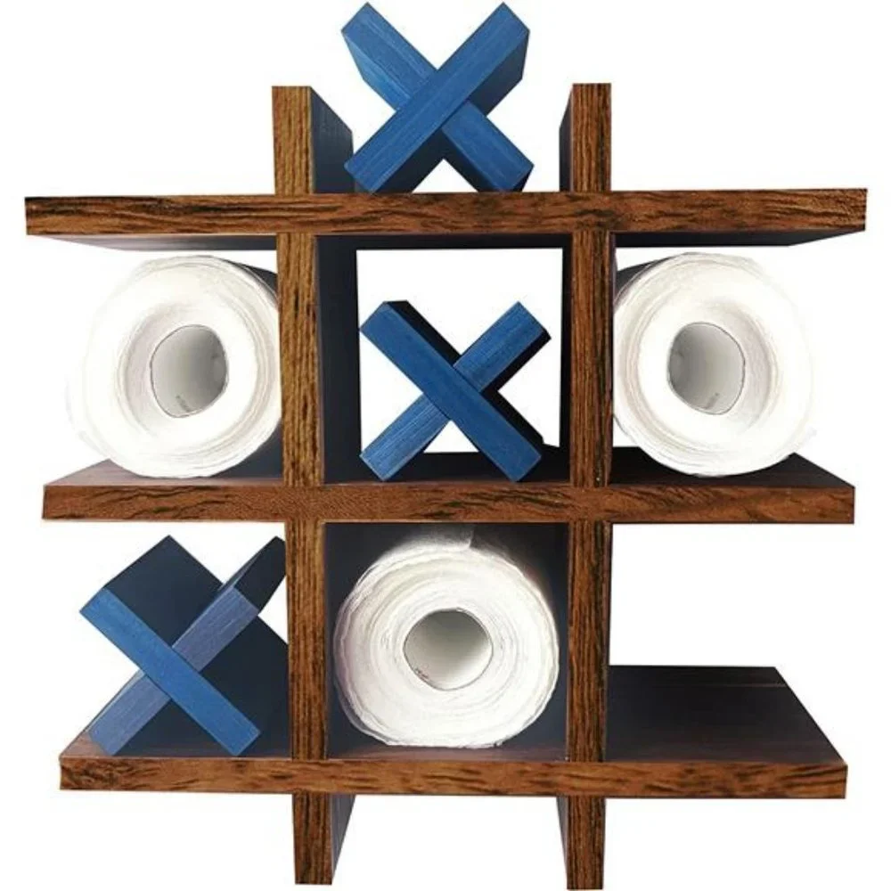 Pine Wood Tic-Tac-Toe Toilet Paper Holder Stand for Bathroom